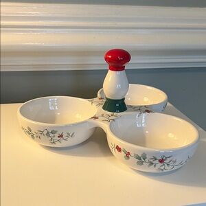 Pfaltzgraff- Winterberry Festive Triple Bowl Server with Handle
